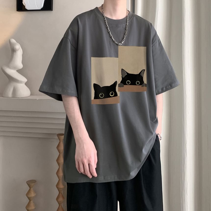Lingaris - T-shirt met ronde hals en kattenprint, met elleboogmouwen
