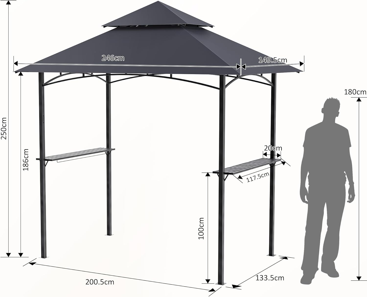 GVDV Grillpavillon 2,4 x 1,5 m – Wetterfeste Grillüberdachung mit 2-stufigem Dach, Ablagen, 10 Haken & Flaschenöffner – Grill Pavillon für Garten & BBQ, Dunkelgrau