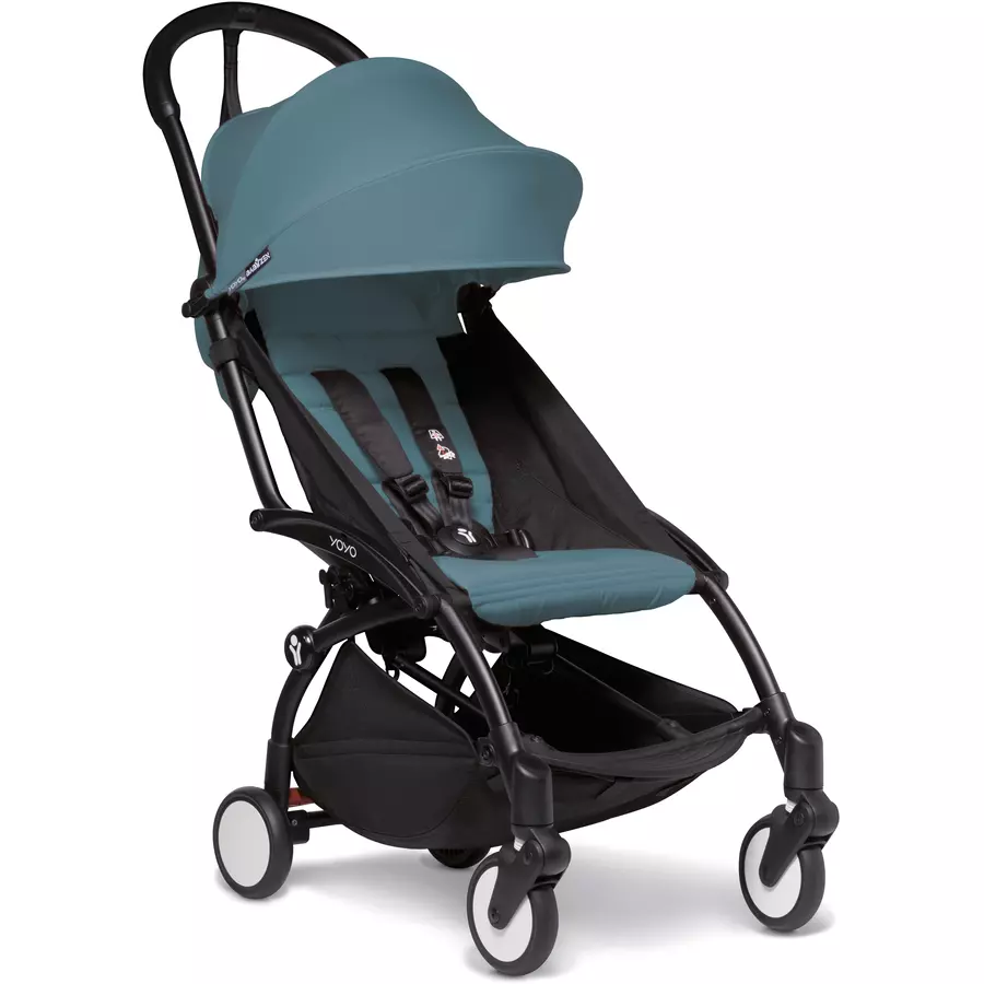 BABYZEN Kinderwagen YOYO2 6+ Black mit Textilset Aqua und Backpack YOYO Black
