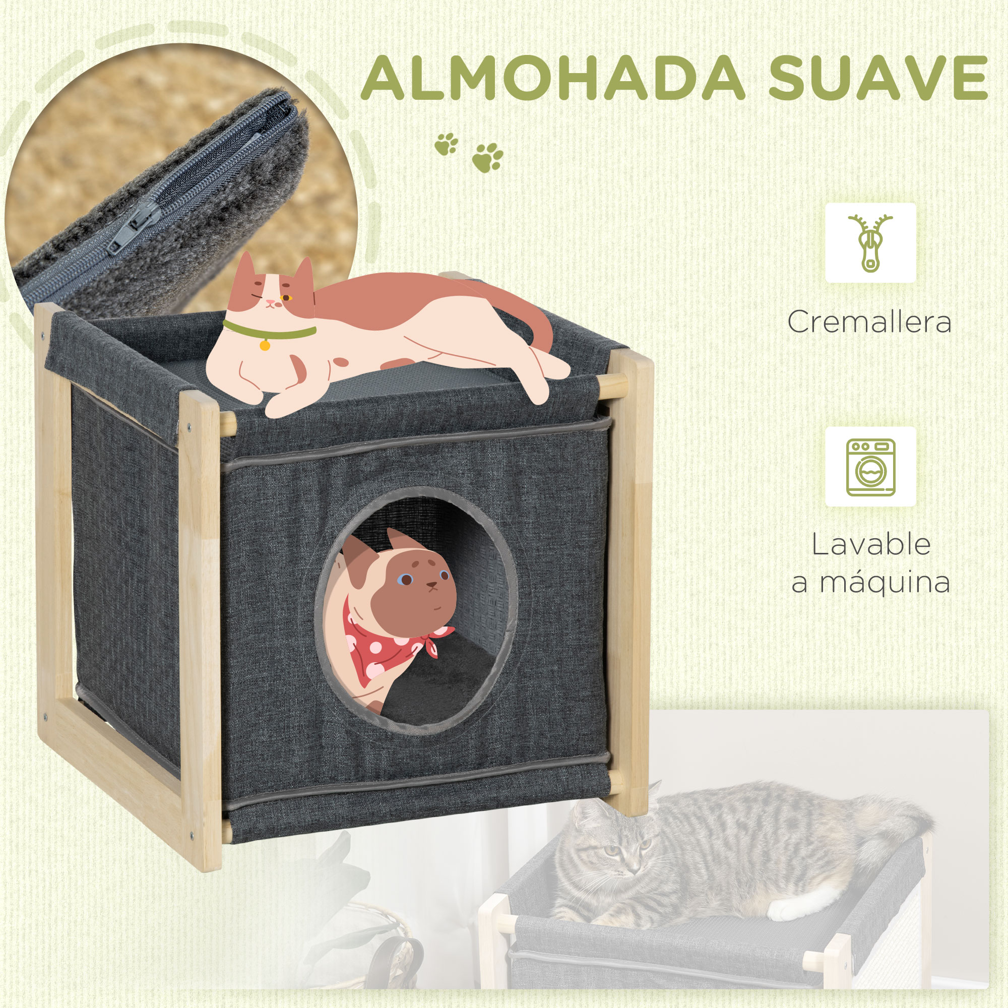 Cama caverna para gatos PawHut, casinha para gatos de interior com almofada removível e lavável, poste arranhador de sisal e estrutura de madeira, 40x40x40,5 cm, cinza