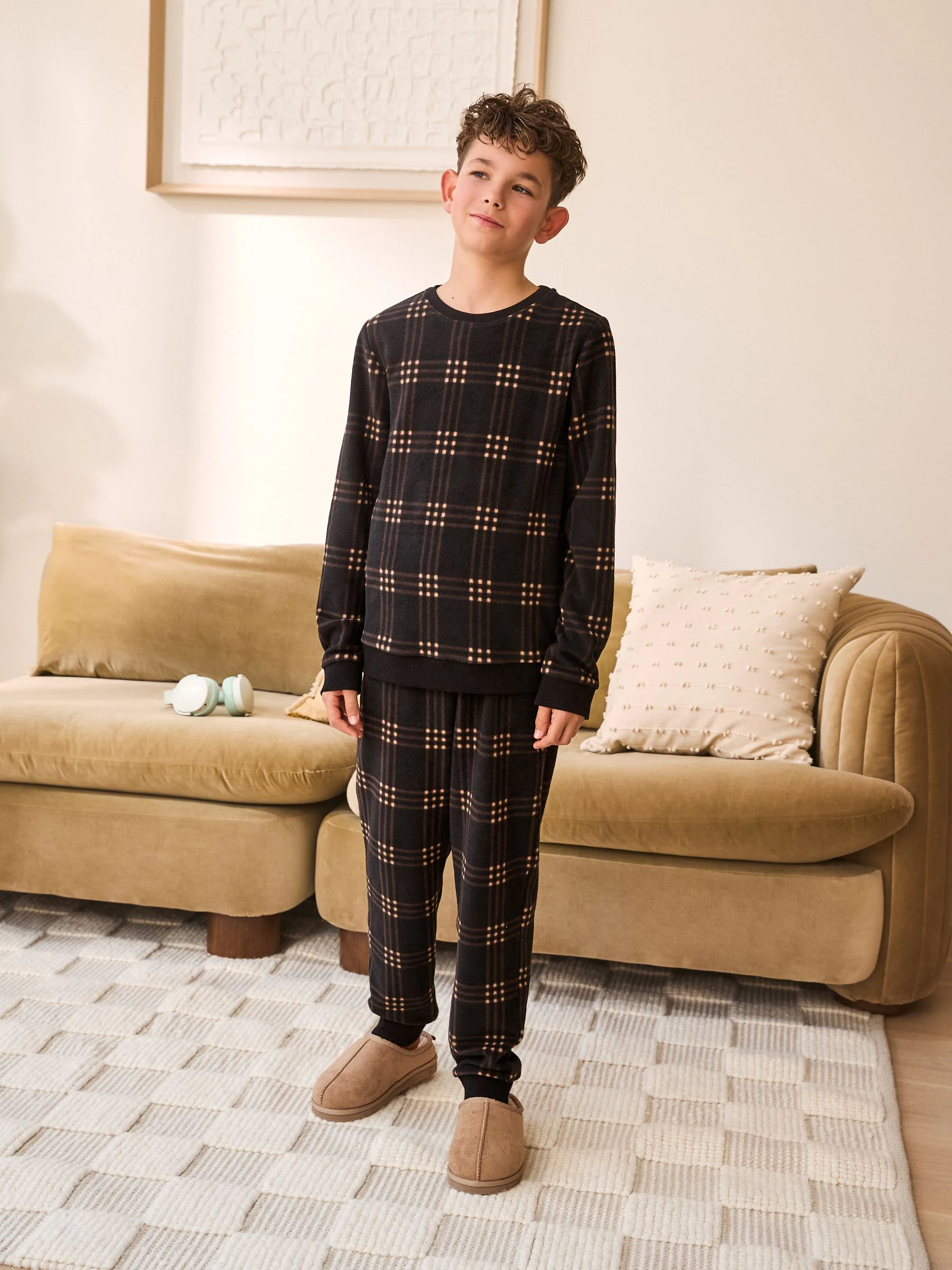 Zwart/ecru geruit - Enkele behaaglijke fleece pyjama (3 - 16 jr)