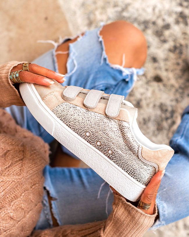 Basket femme beige à scratch - Lana
