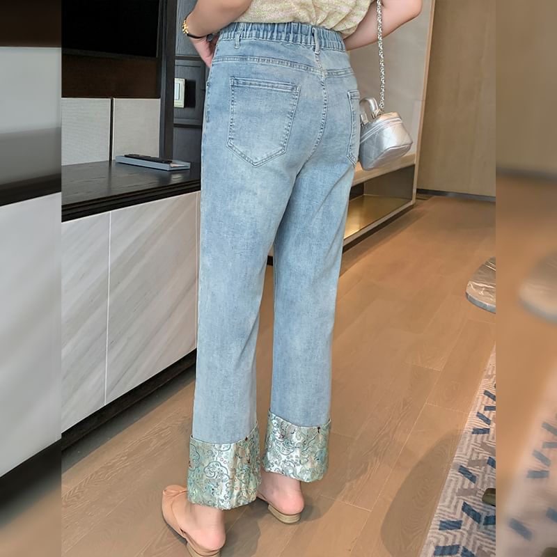 Ashteroid - Hoge taille printpaneel rechte pijp crop jeans