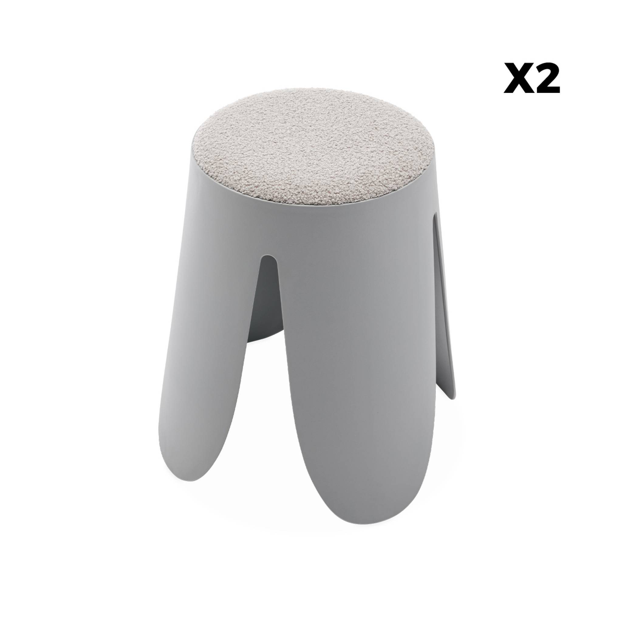 Set de 2 tabourets empilables gris clairs. Bouclette texturée. Niki. Ø30 / 44 x h46cm