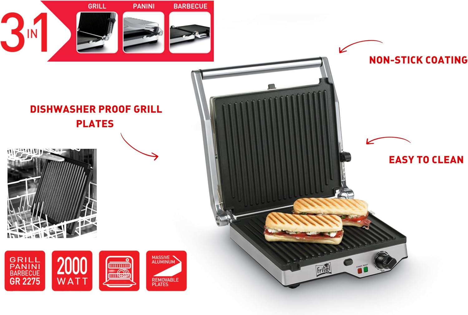 FRITEL Grill/Panini/BBQ GR 2275 – Sandwichtoaster & BBQ in 1 – 29 x 26 cm – 2000 W – Herausnehmbare Platten – 180° aufklappbar