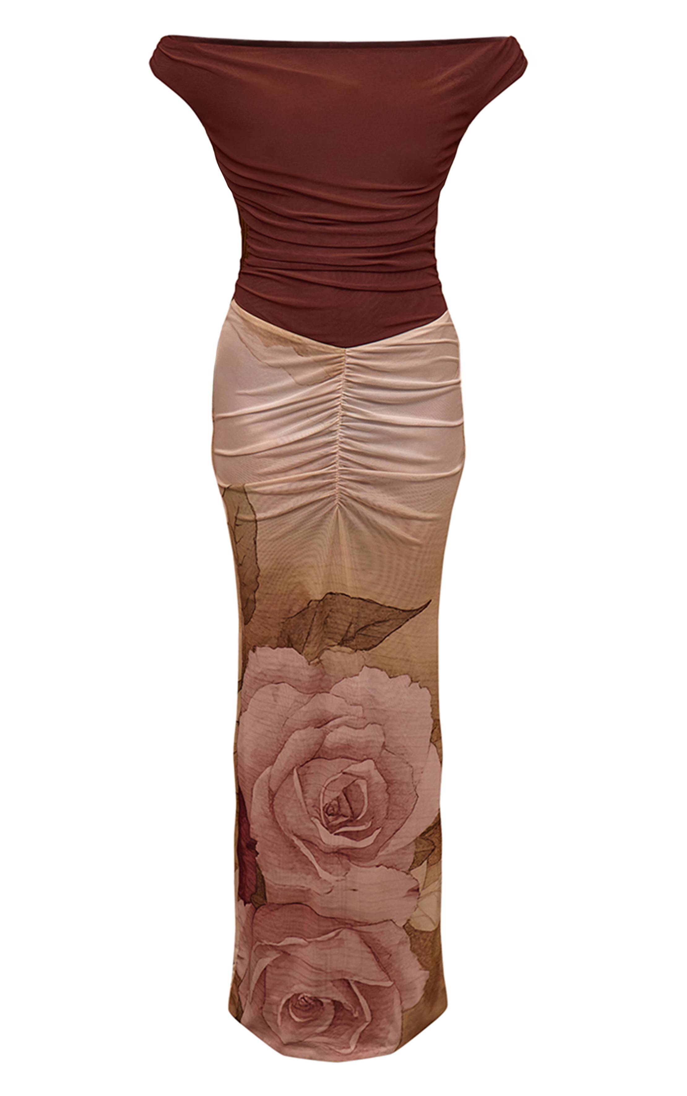 Rose Robe Maxi Moulante En Mesh À Imprimé Floral Froncé