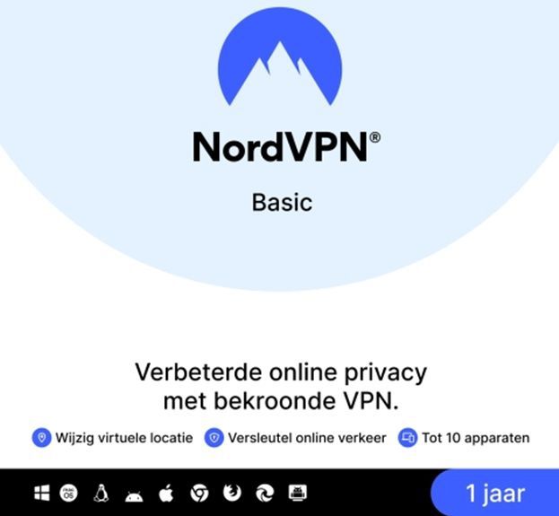 NordVPN - Basic - VPN - 10 Apparaten - 1 Jaar - Onbeperkt online