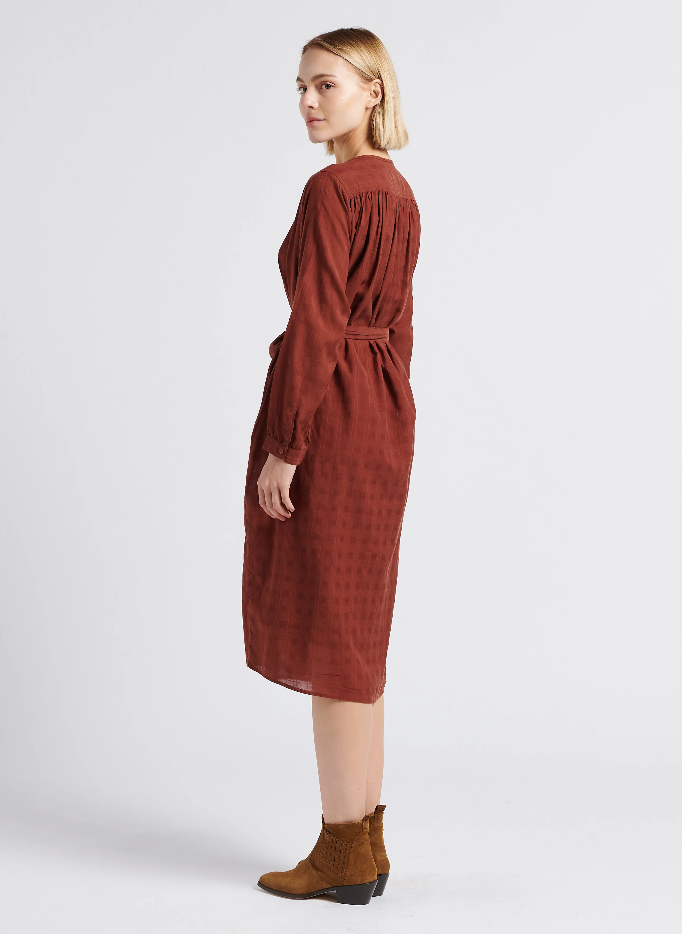 HANOVRE - Robe mi-longue col rond en coton mélangé | Marron