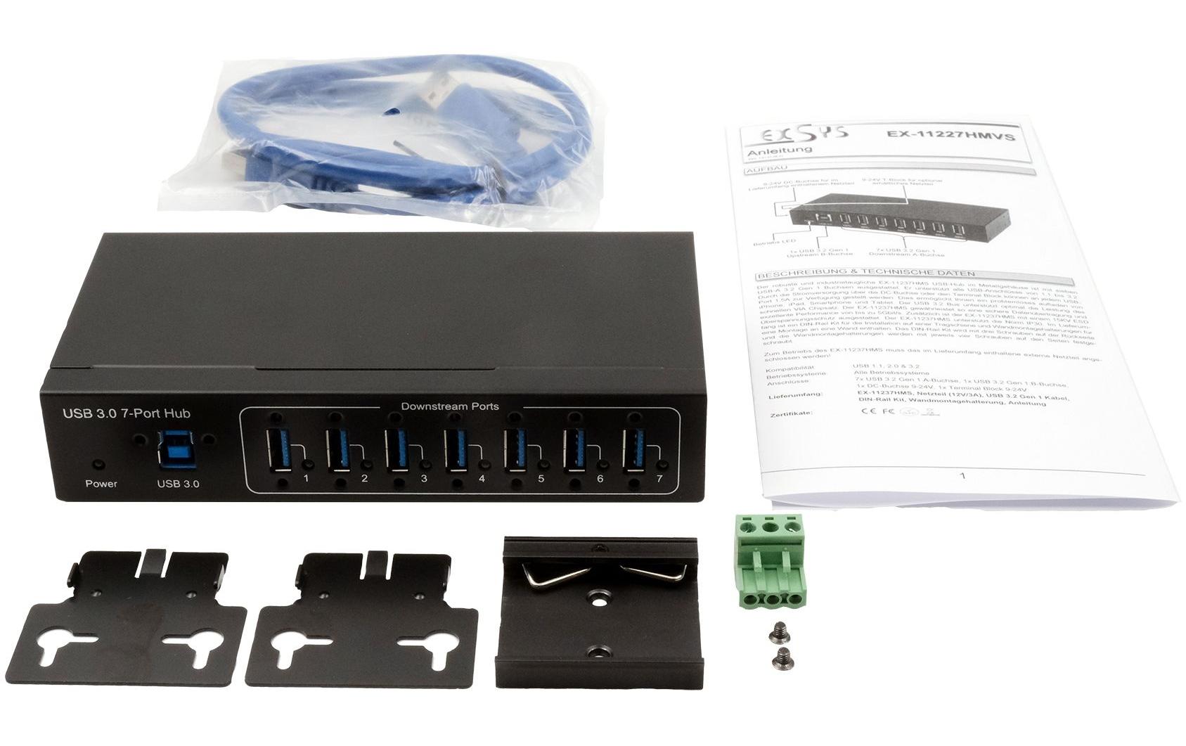 USB-Hub EX-11227HMVS<br>7-Port USB 3.0 HUB für Tisch, Wand- und DIN-Rail Montage