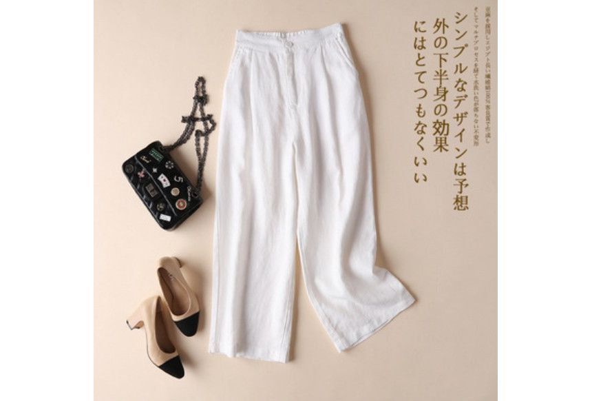 INEN - Effen linnen cropped broek met elastische taille en wijde pijpen