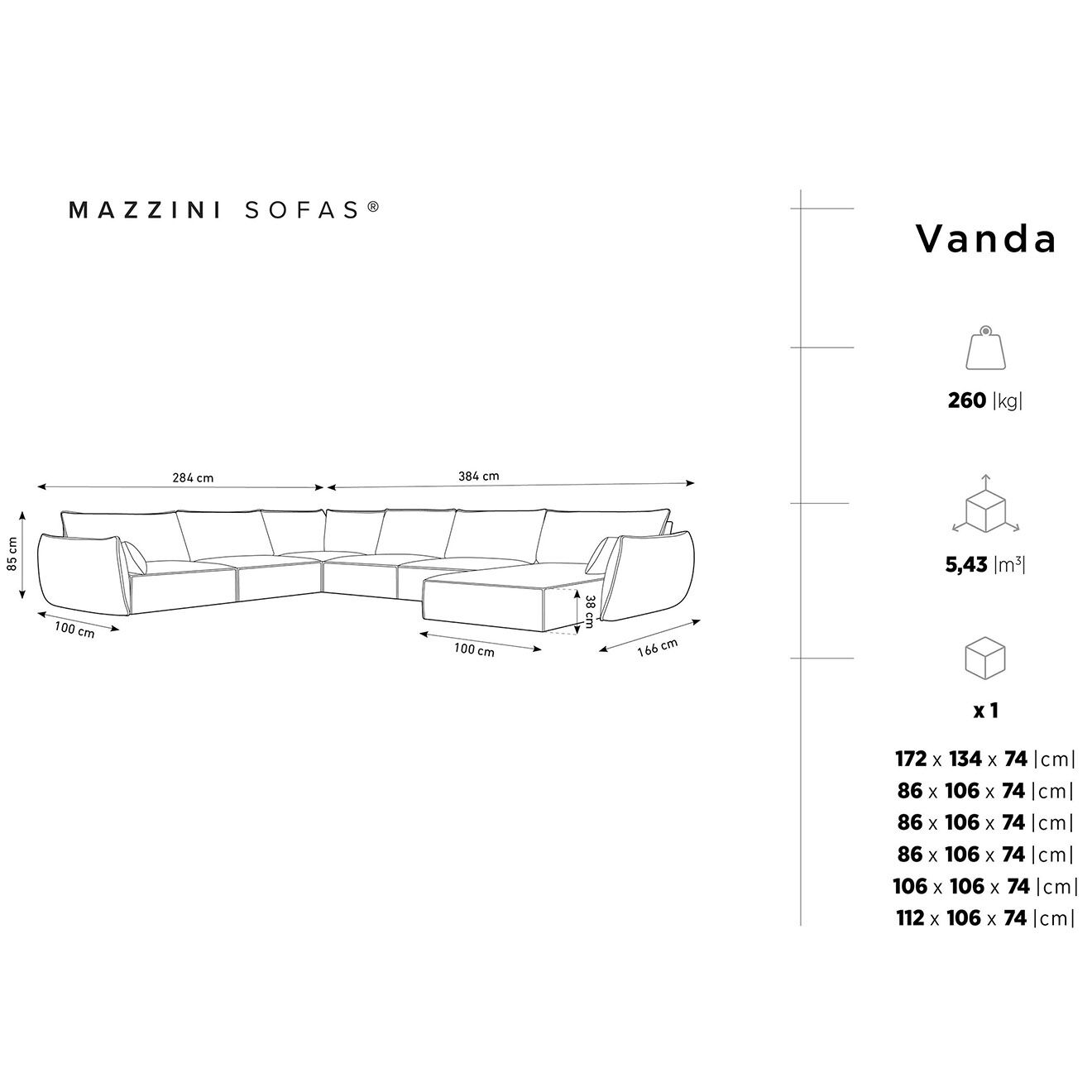 Mazzini Sofas Canapé d'angle Panoramique gauche Velours Vanda 8 Places noir - 384x284x85 cm