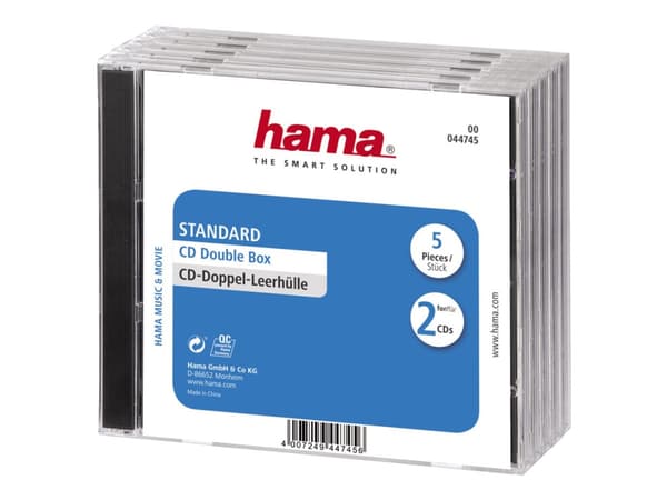 Hama CD Double Jewel Case Standard - CD-cover - kapasitet: 2 CD - gjennomsiktig (en pakke 5)