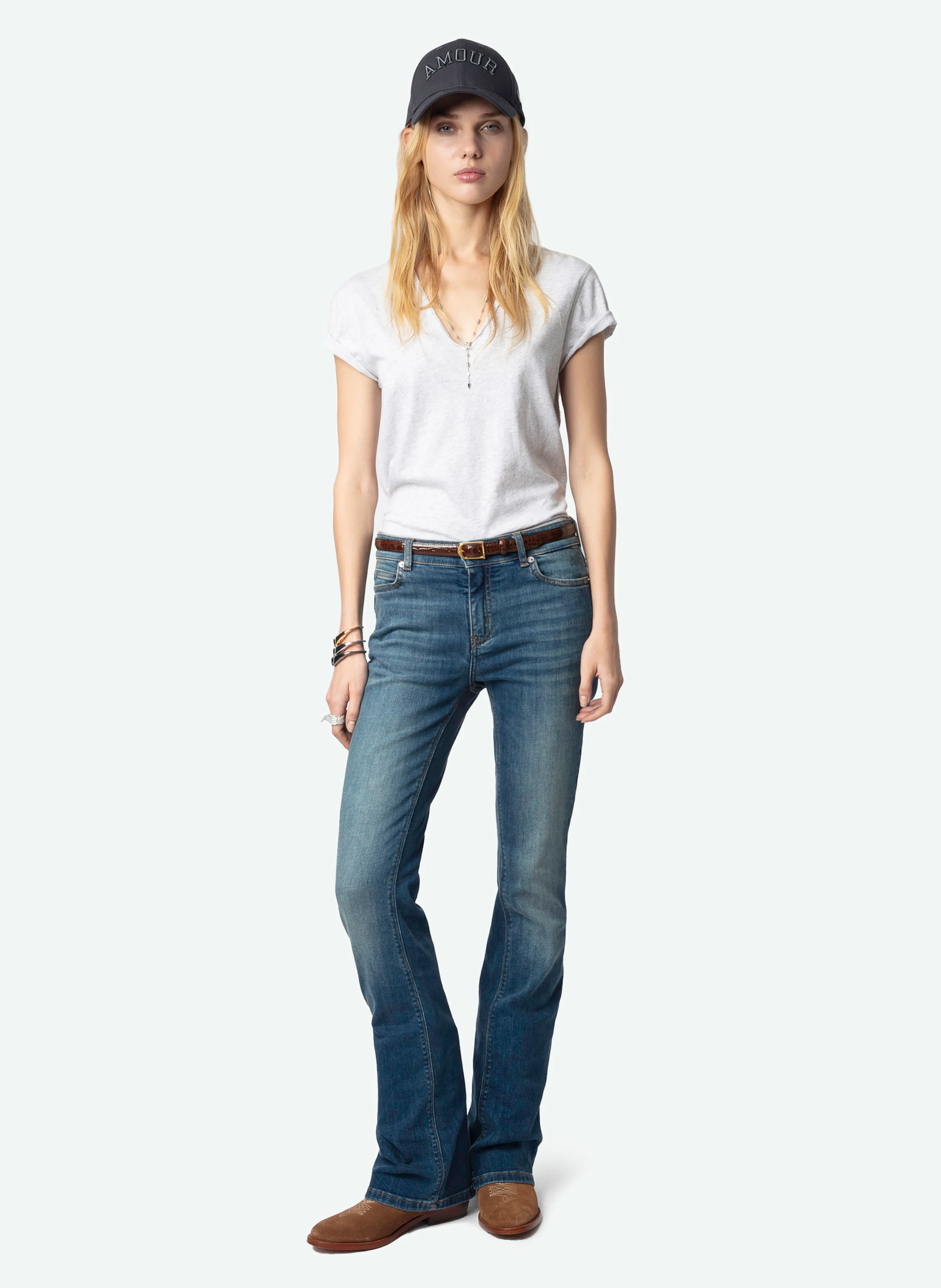 STORY - Tee-shirt à col v en coton bio | Gris