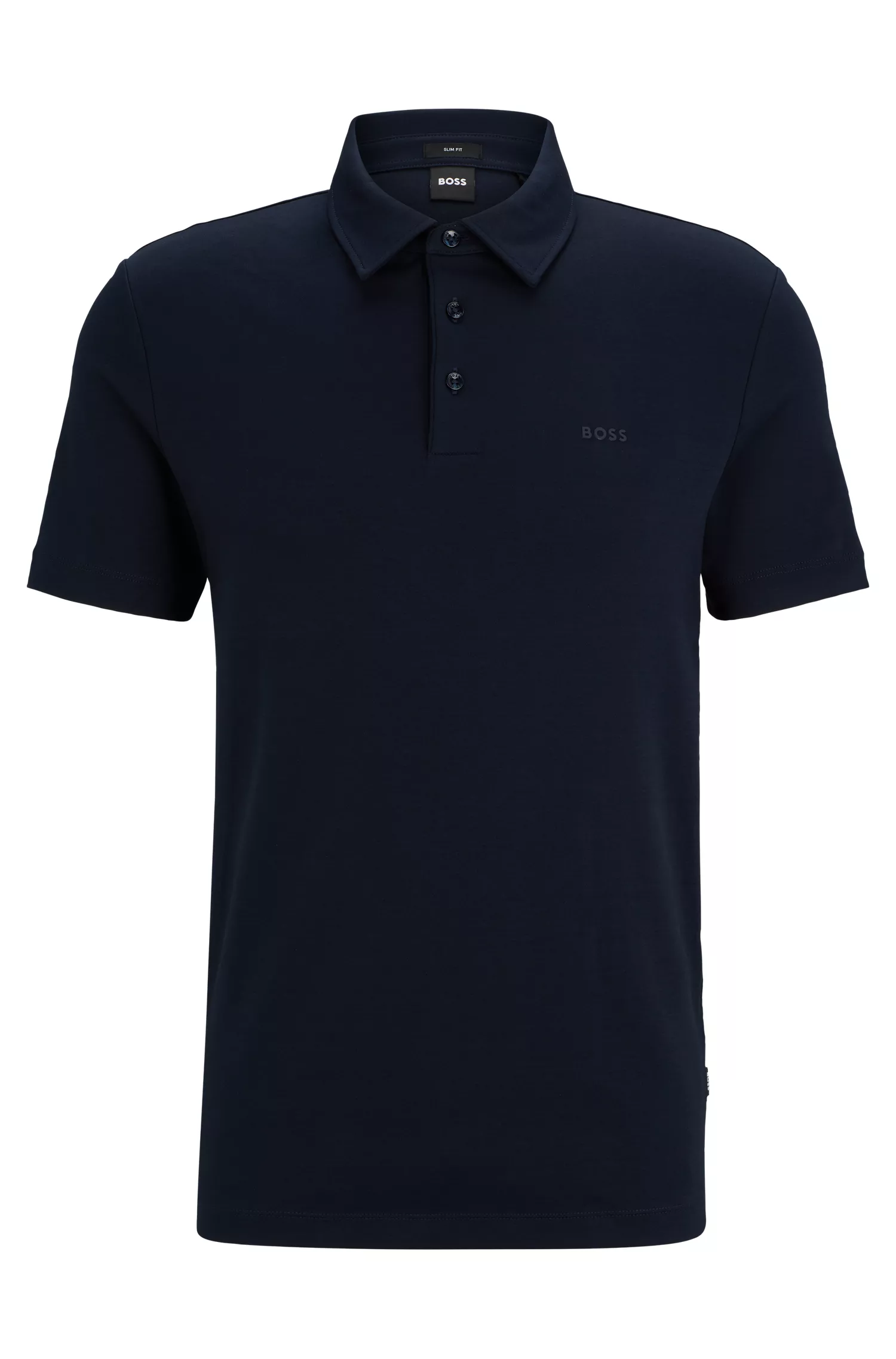 Camisa polo BOSS preta, corte slim, com logotipo emborrachado.