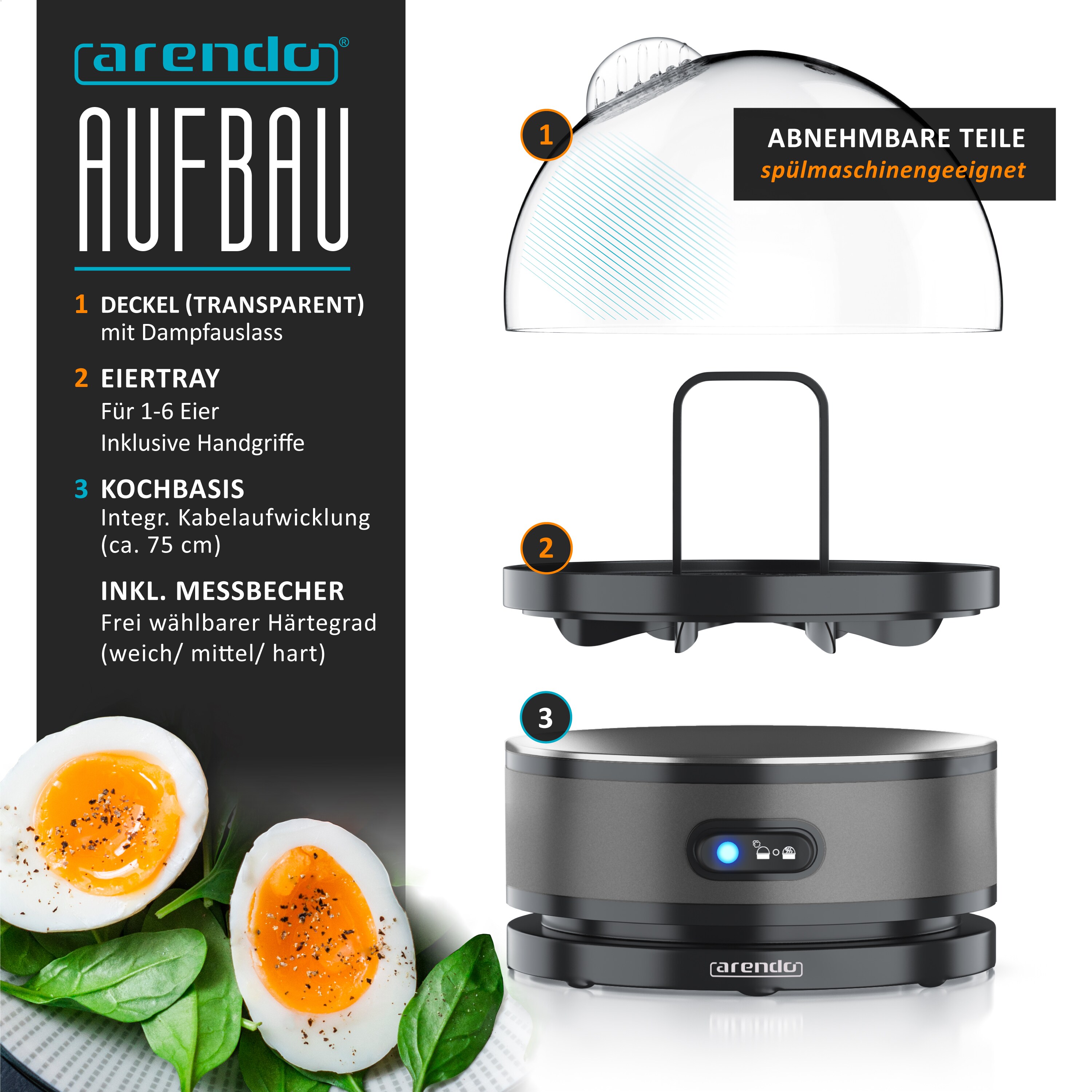 Arendo Eierkocher 400 Watt, Edelstahl, Egg Cooker, 7 Eier, 3 Härtegrade wählbar, Warmhaltefunktion, Signalton, BPA-frei, cool grey