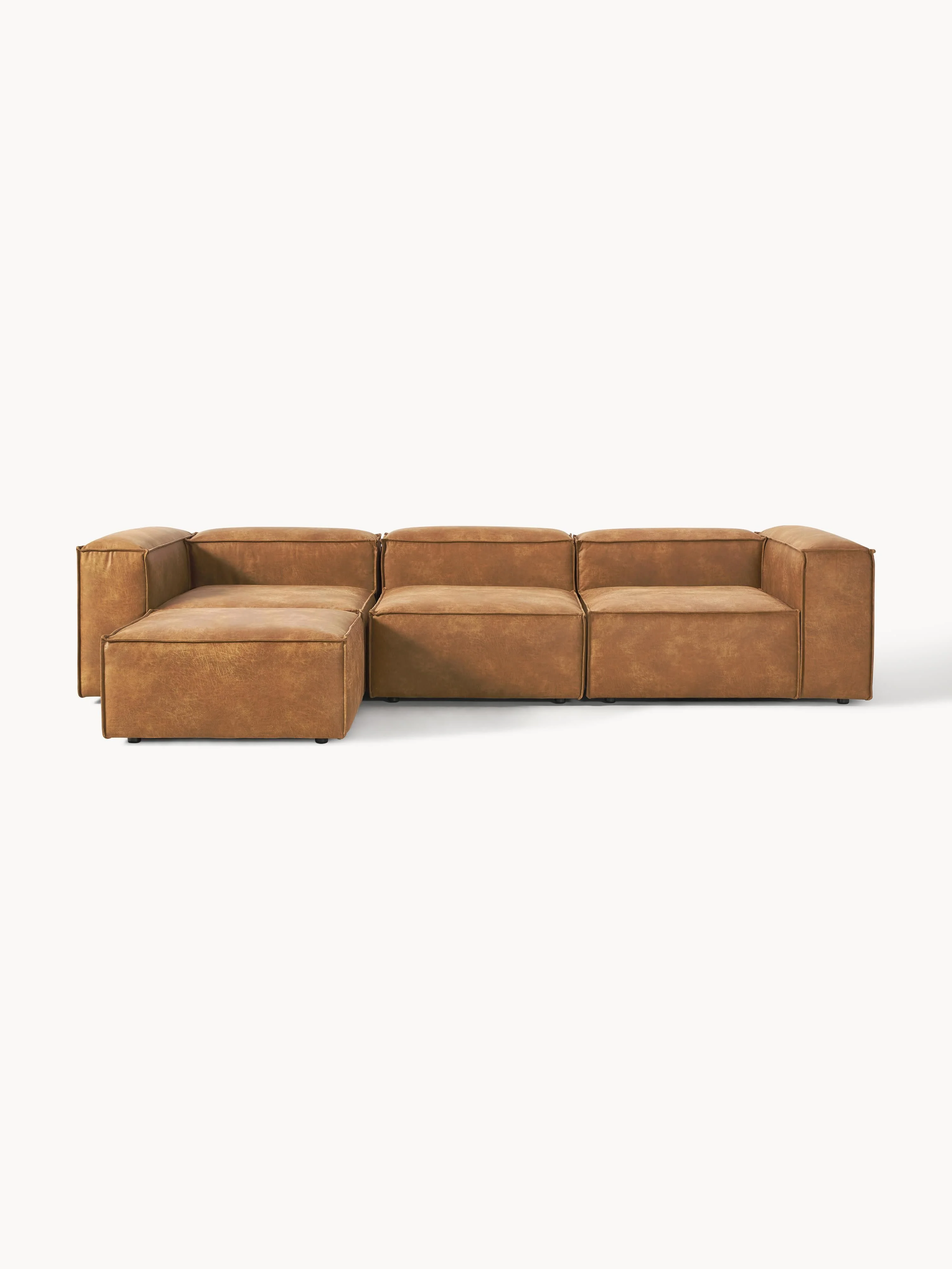Modulaire bank Lennon (4-zits) van gerecycled leer met poef (links/rechts)