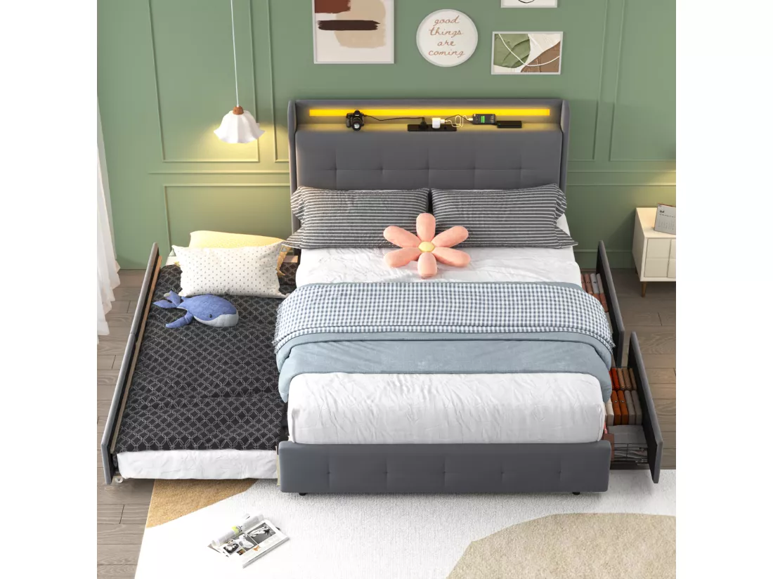 Lit double rembourré 160x200 cm Lit adulte avec lit gigogne éclairage LED 2 tiroirs ports USB et sommier à lattes - gris
