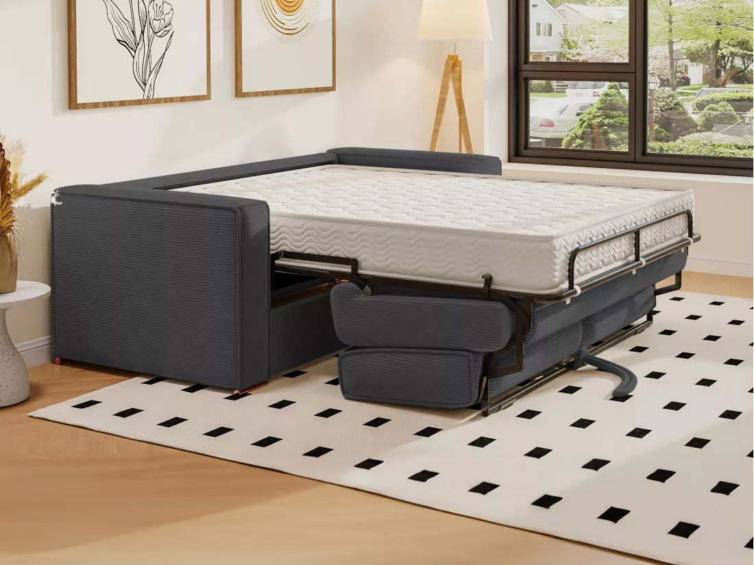 Canapé 3 places convertible express en velours côtelé gris anthracite - Couchage 140 cm - Matelas 18 cm LORETO