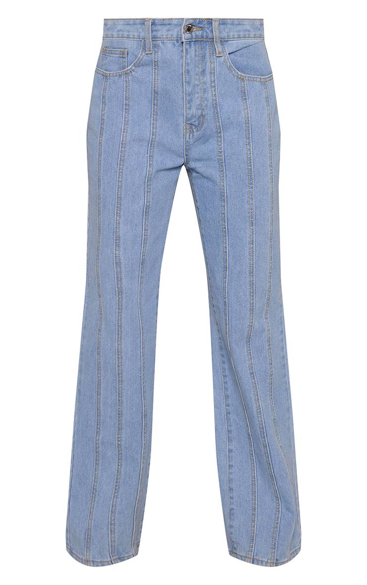 Light Blue Wash Jean Droit À Détails De Coutures À Panneaux