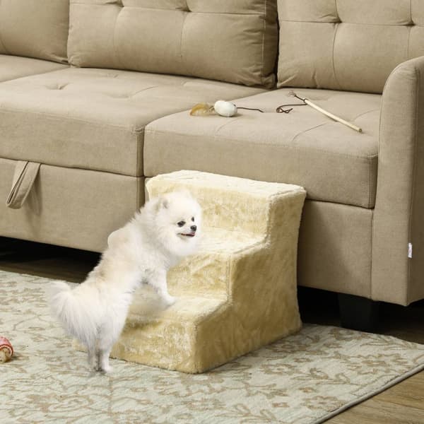 Hundetrapper 3-trinns 35 cm dyretrapper med plysj-utseende kattetrapper for sengesofa Katter opptil 4,5 kg Beige
