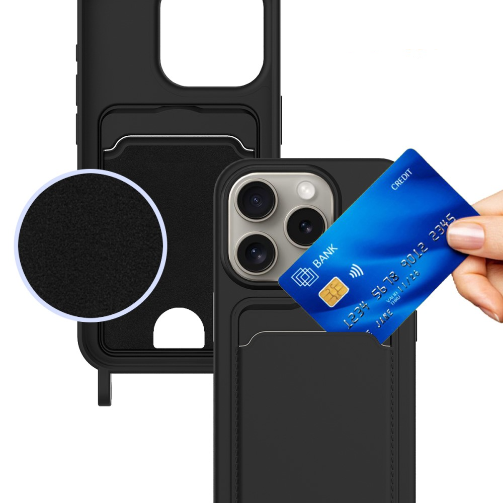 iPhone 16 Pro Necklace Silikon Hülle mit Kartenfach   Handykette (160cm) - Schwarz
