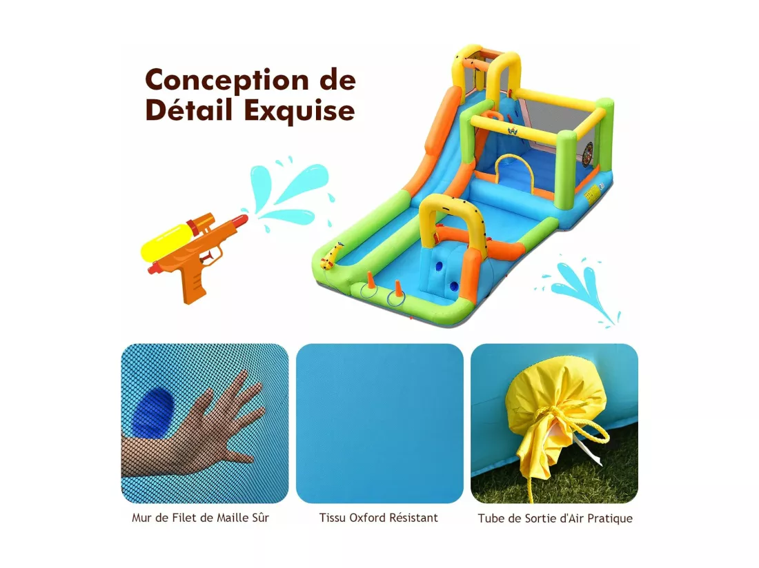 Château Gonflable 8 en 1 avec 2 Toboggans, Parc Aquatique avec Maison de Saut, Mur d'Escalade, Panier de Basket, Sac de Transport, Charge 135kg pour 3 Enfants de 3-10 Ans (Avec souffleur 680W)