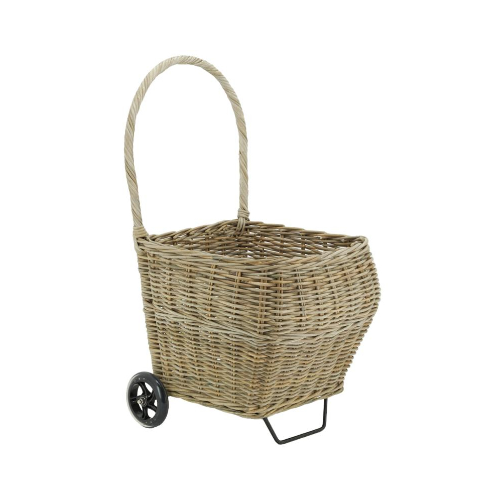 Chariot à bûches en rotin gris arrondi