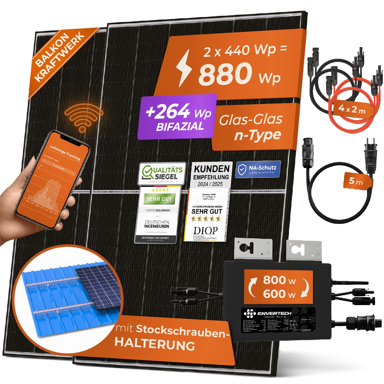Solarway Balkonkraftwerk 880W / 800W Solaranlage Steckerfertig WIFI Komplettset Photovoltaik Anlage