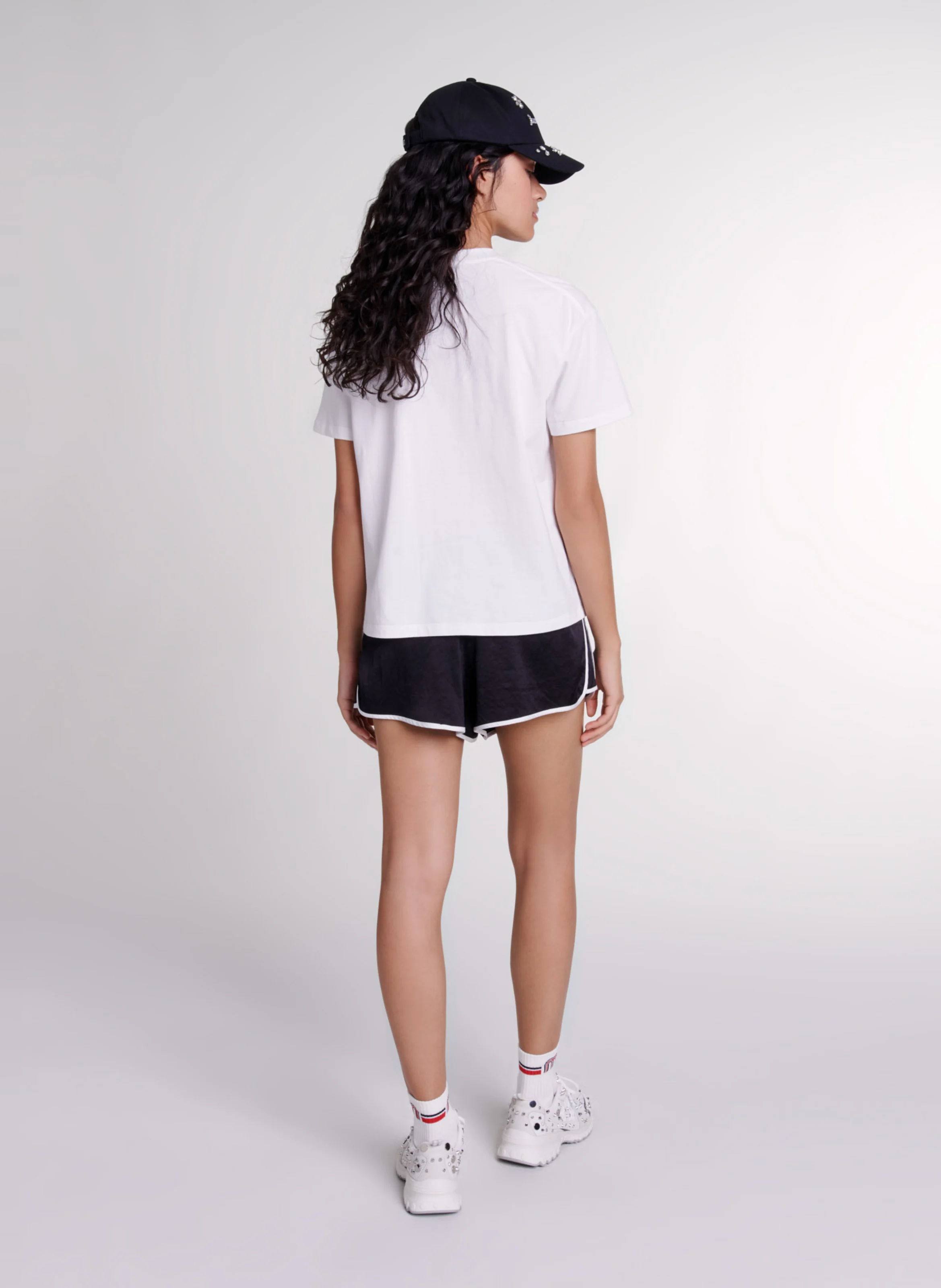Tee-shirt droit col rond en coton strassé | Blanc