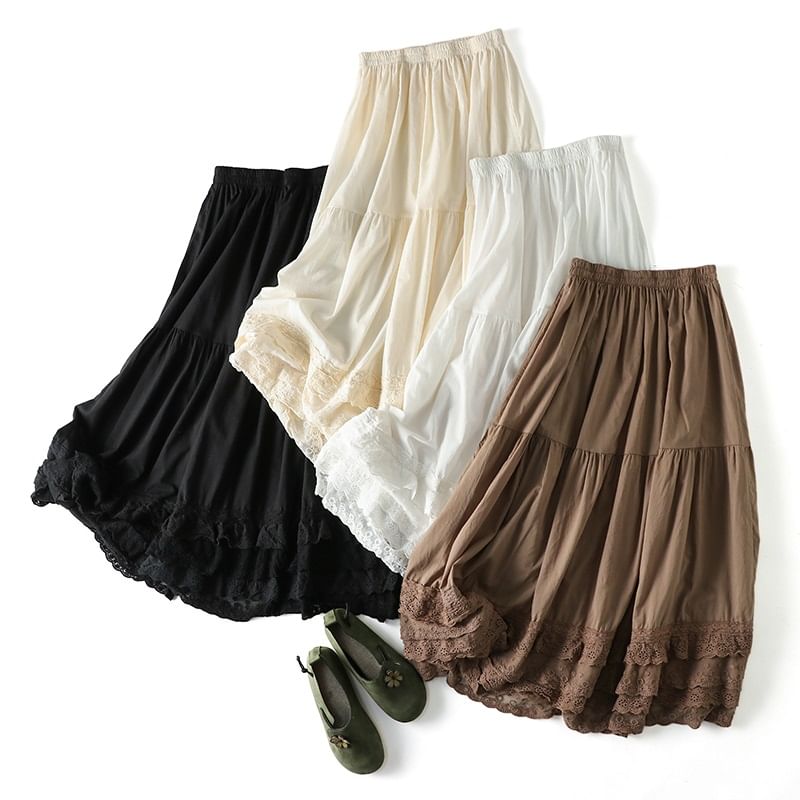 CosmoCorner - Midi-lijn rok met elastische taille en kanten rand