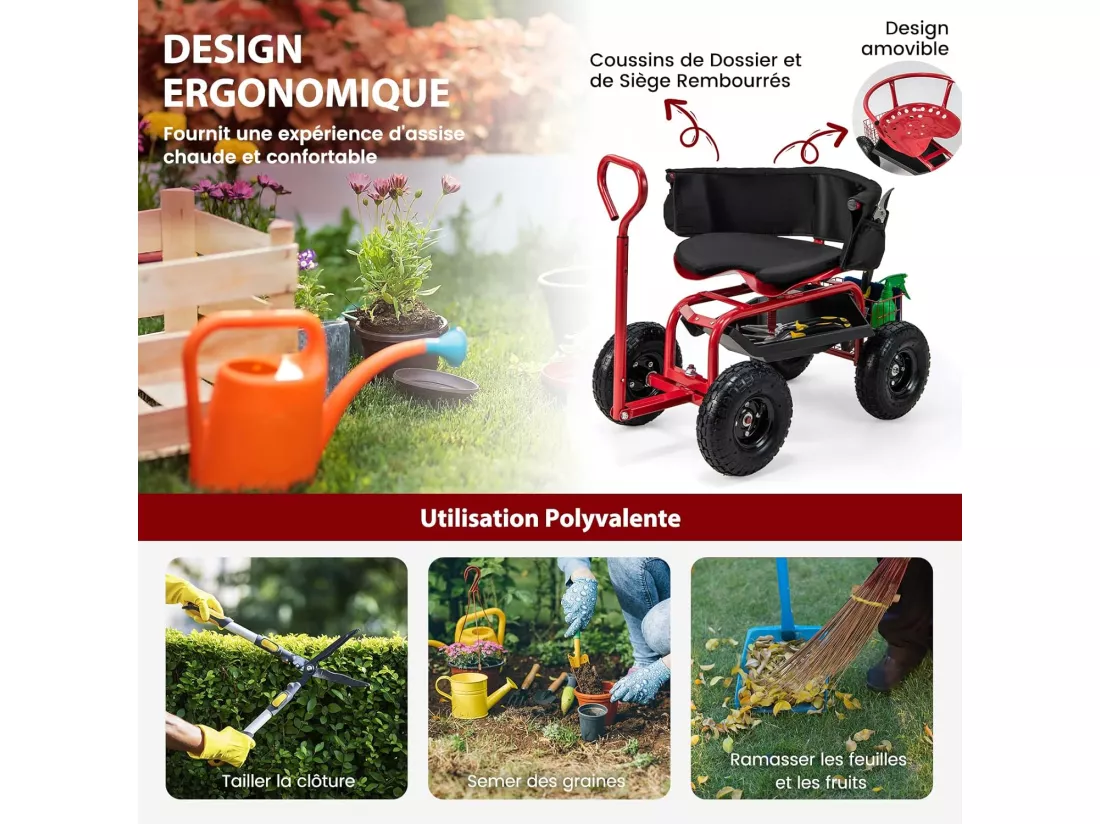 Siège de Jardin Roulant pour Travail avec Poignée Extensible, Chariot Jardinage avec Siège Pivotant à 360° Plateau Panier de Rangement Coussin Charge 135KG, pour Pelouse Atelier
