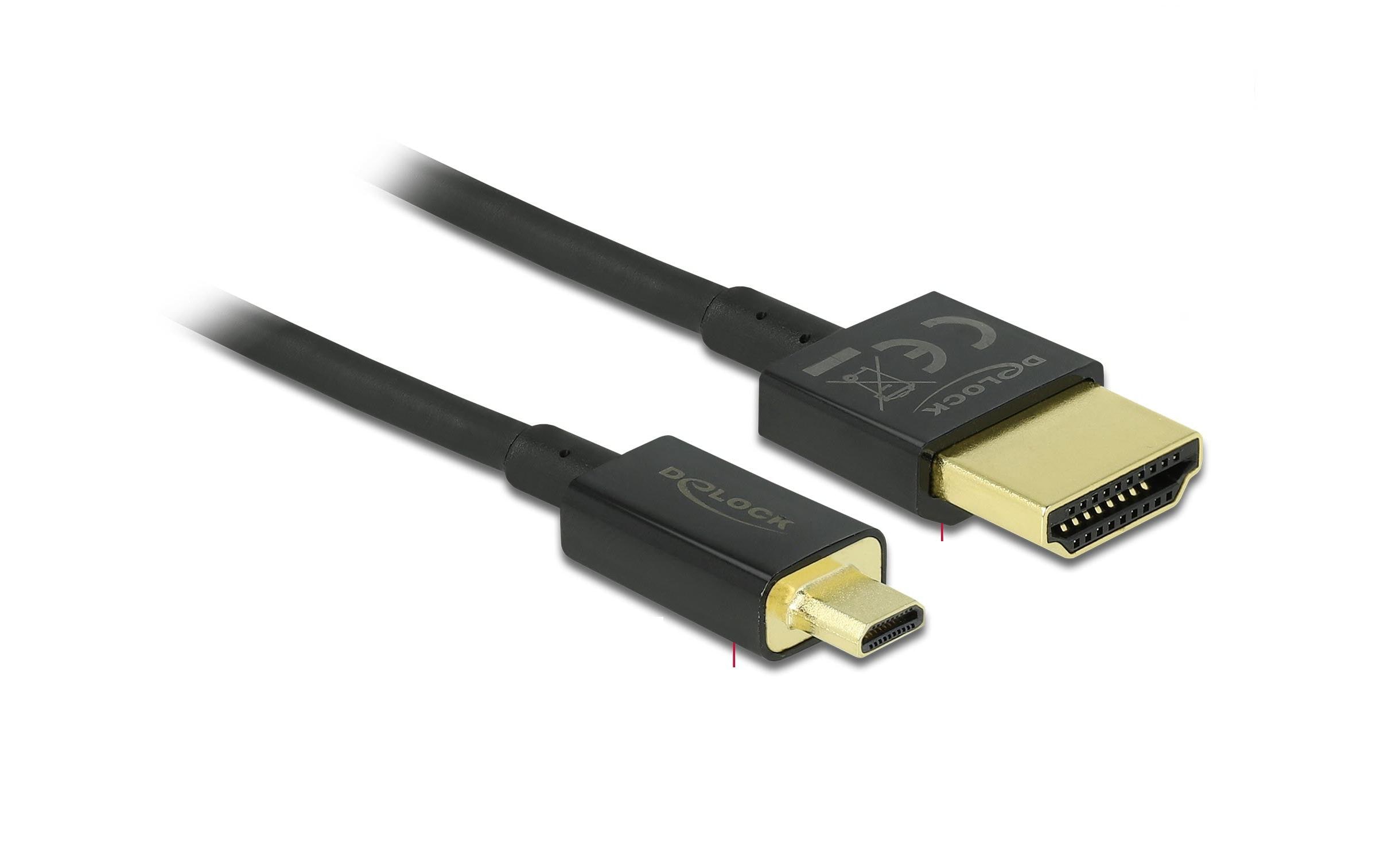 Kabel 4K 60Hz HDMI - Micro-HDMI (HDMI-D), 1 m, SchwarzDelock Kabel High Speed HDMI mit Ethernet – HDMI-A Stecker > HDMI Micro-D Stecker 3D 4K 1 m Slim High Quality