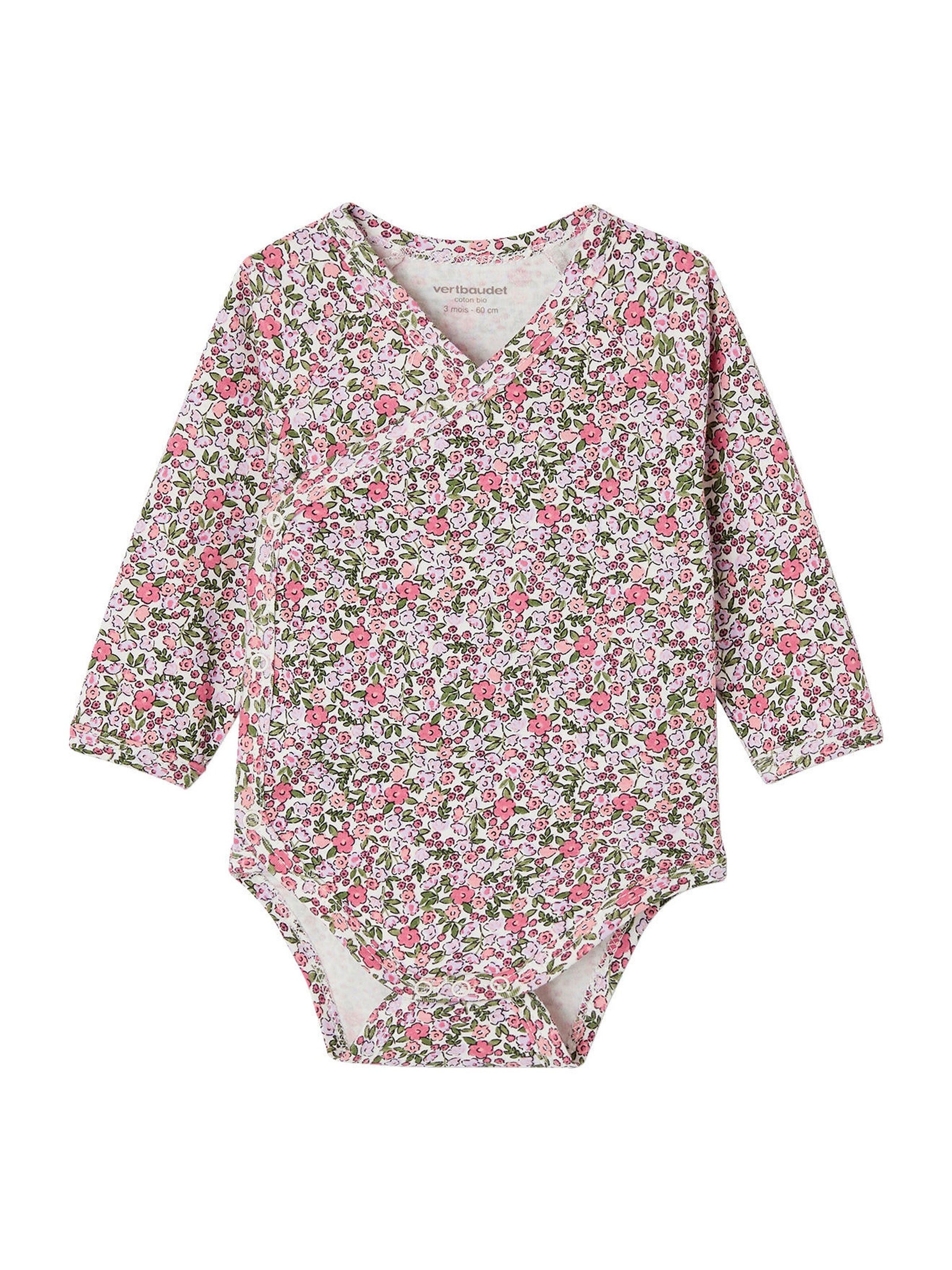 Vertbaudet Bio-Kollektion: 3er-Pack Baby Langarmbodys, Blumen hellrosa