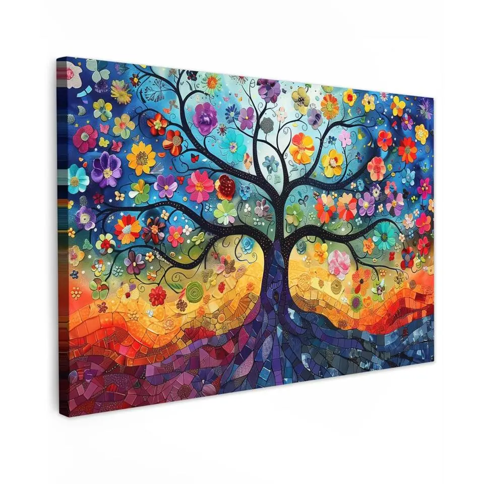 MuchoWow Canvas Schilderij 90x60cm Kunst Levensboom Bloemen