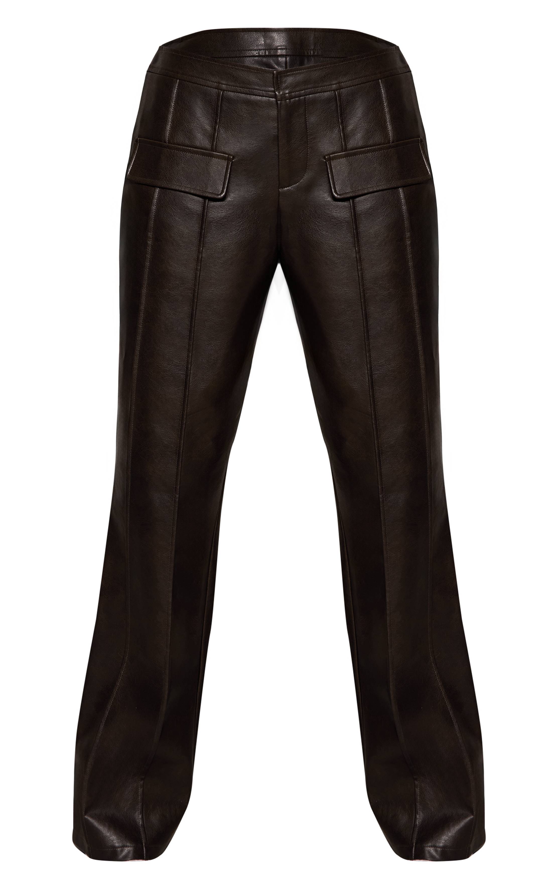 Dark Chocolate Pantalon Droit En Synthétiquecuir Avec Détails De Coutures