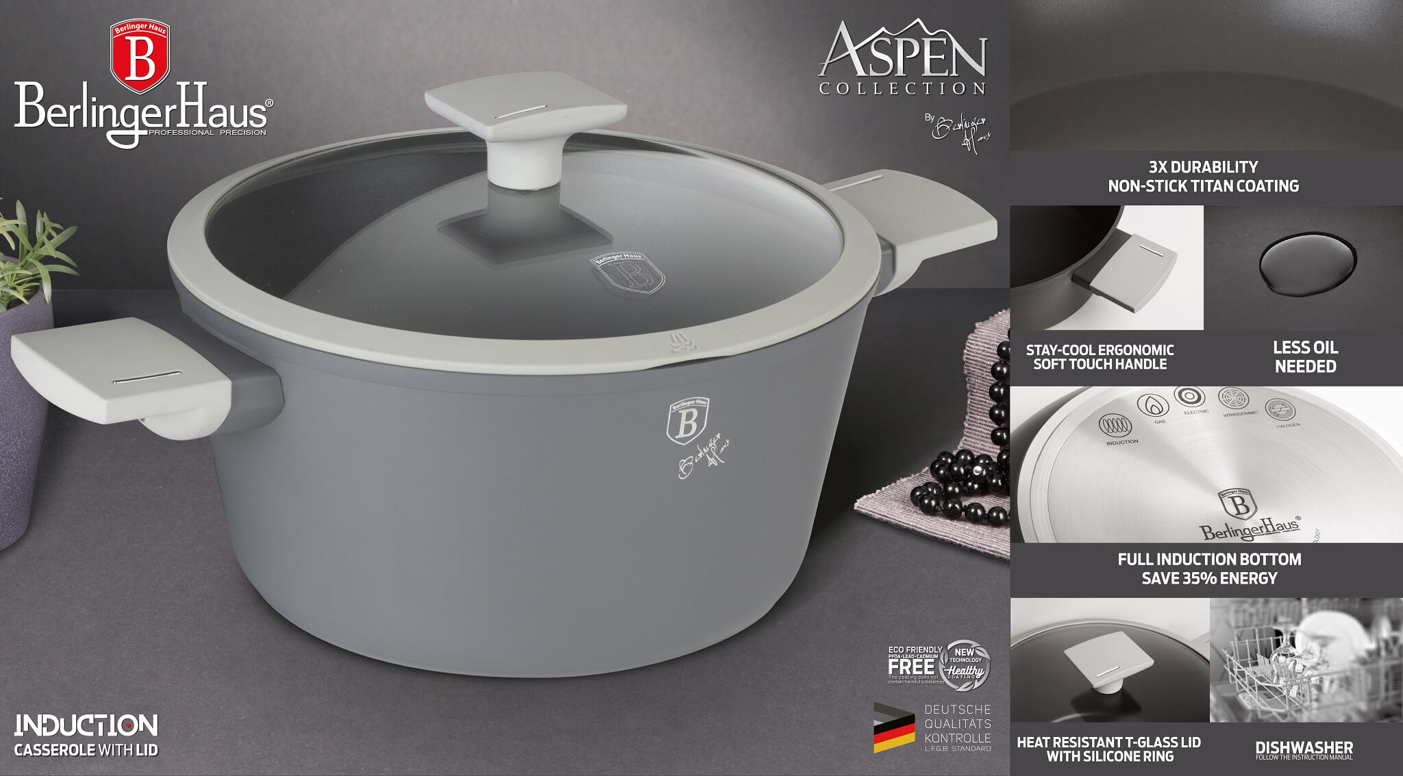 Berlinger Haus BH/7066 Aspen Collection Kasserolle in Grau mit Deckel Topf Durchmesser 20 cm