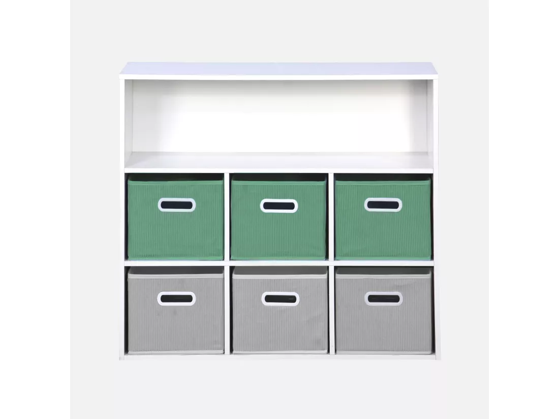 Meuble de rangement pour enfant avec 7 compartiments et 3 paniers verts et 3 paniers gris velours