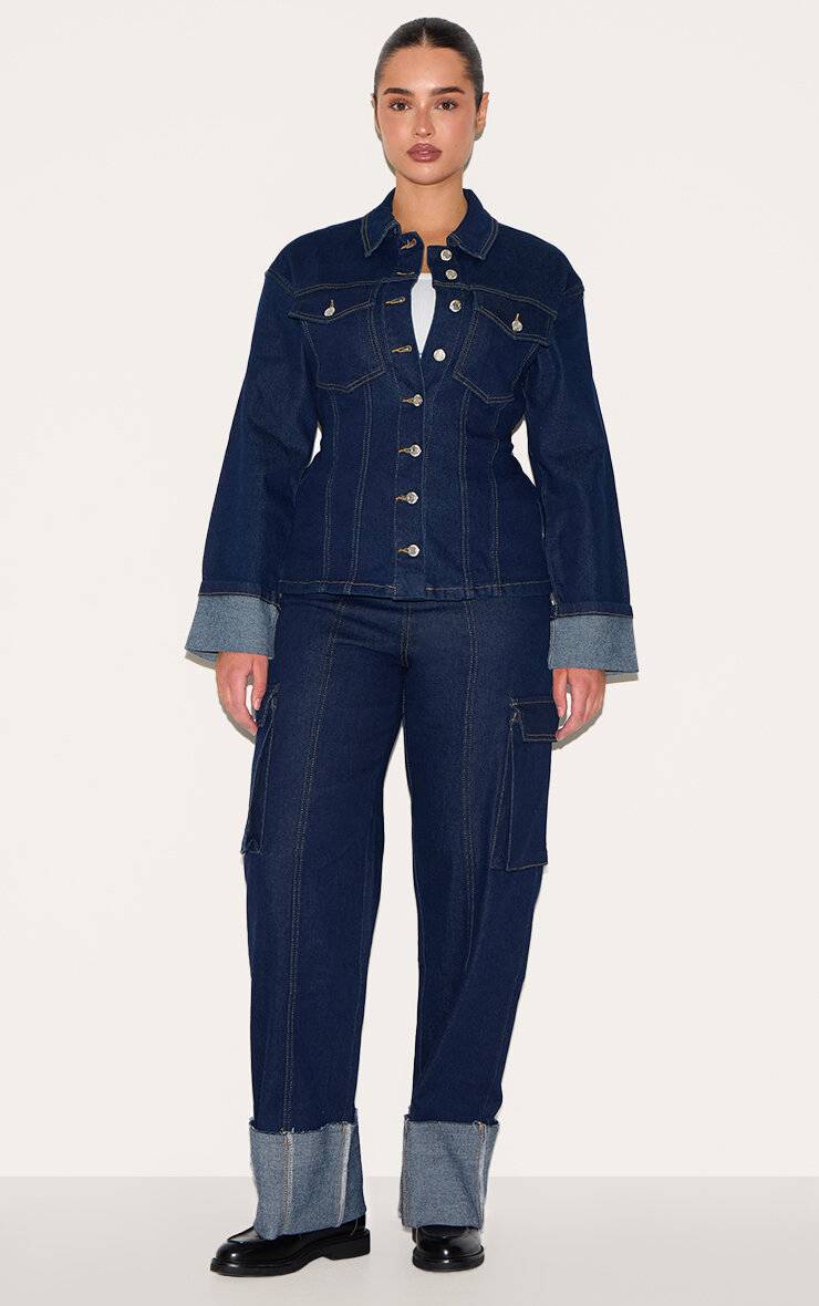 Bleu Indigo Jean Cargo Taille Haute En Denim Stretch Shape Avec Ourlets Retroussés