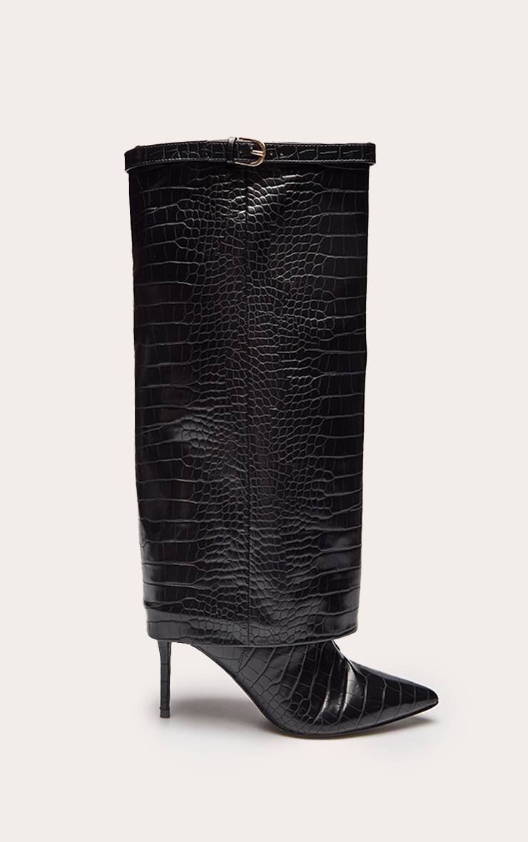 Noir Effet Croco Botte Haute À Talon Effet Synthétique Avec Revers