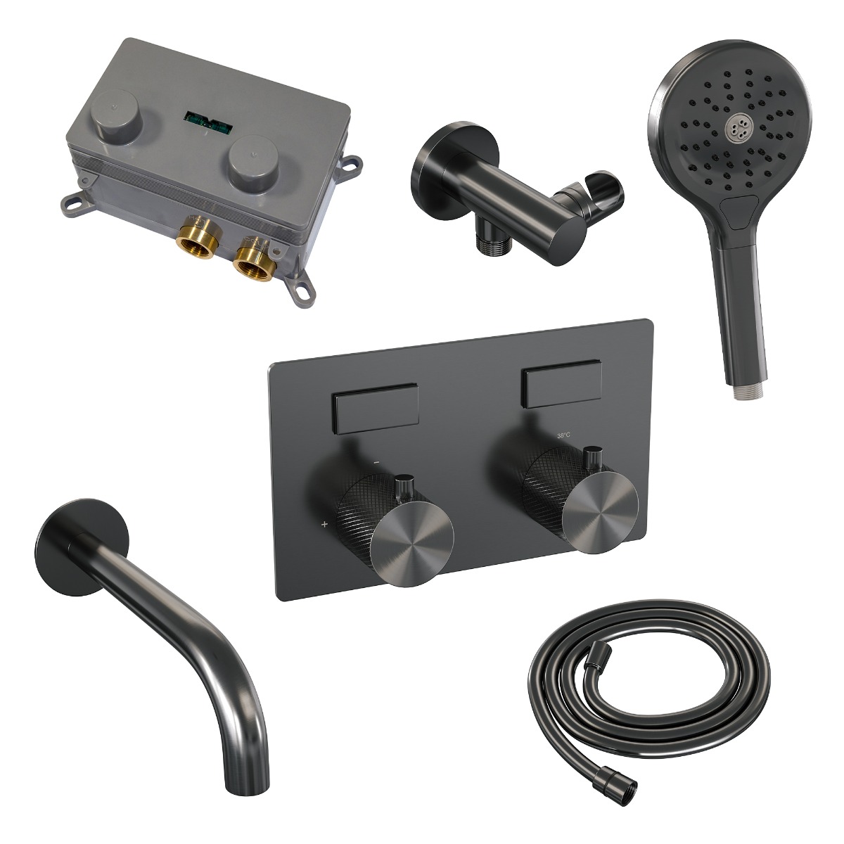 Brauer Gunmetal Carving thermostatische inbouw badkraan met uitloop en 3 standen handdouche set 4 gunmetal geborsteld PVD