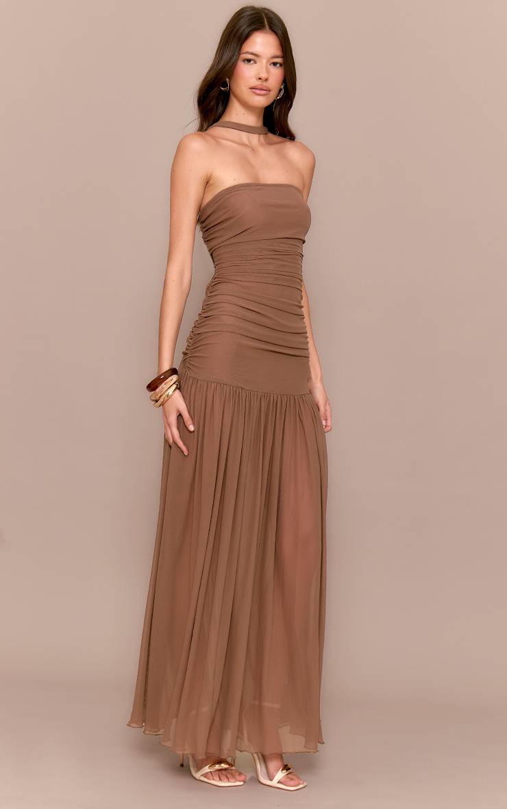 Chocolat Robe Maxi Taille Basse Avec Foulard Froncé
