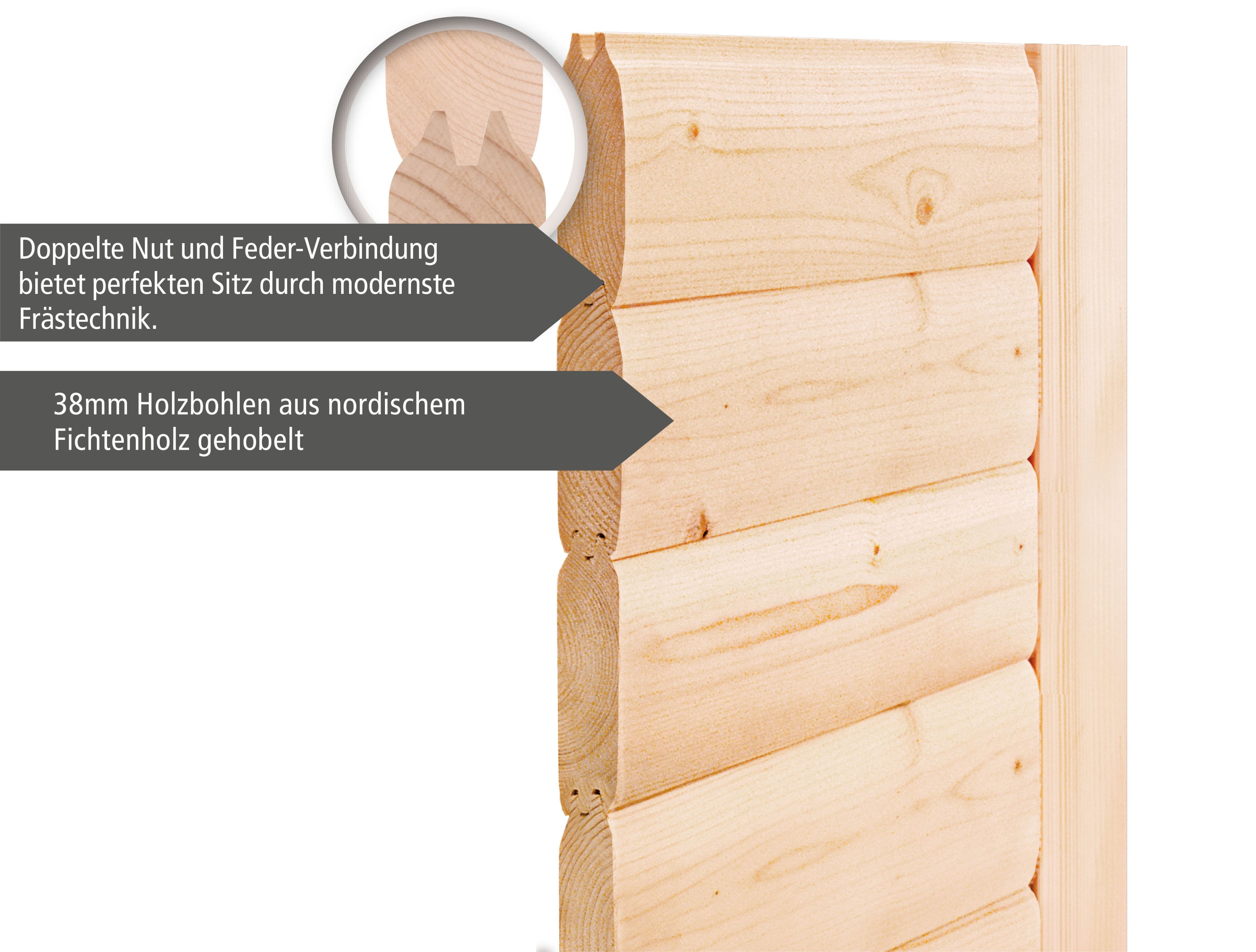 Karibu Saunahaus Aino Außensauna mit 3 Liegen 38 mm Wandstärke Fichtenholz Glastür