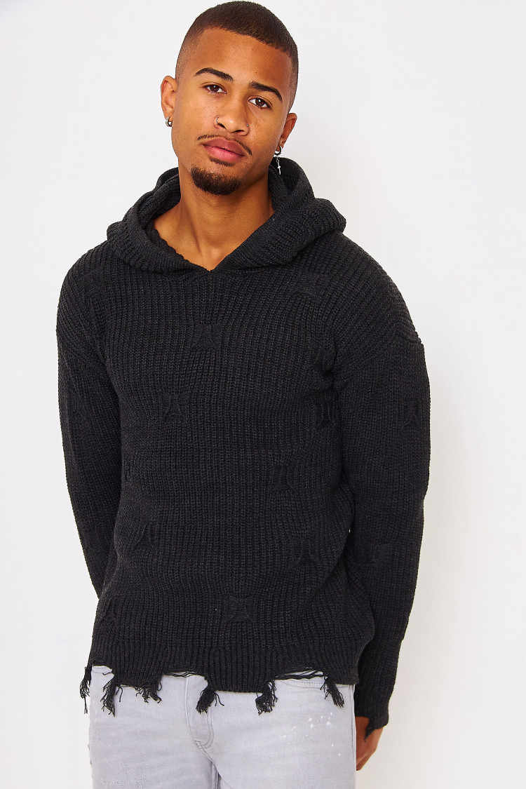 Pull à capuche gris foncé en maille déchiré aux extrémités