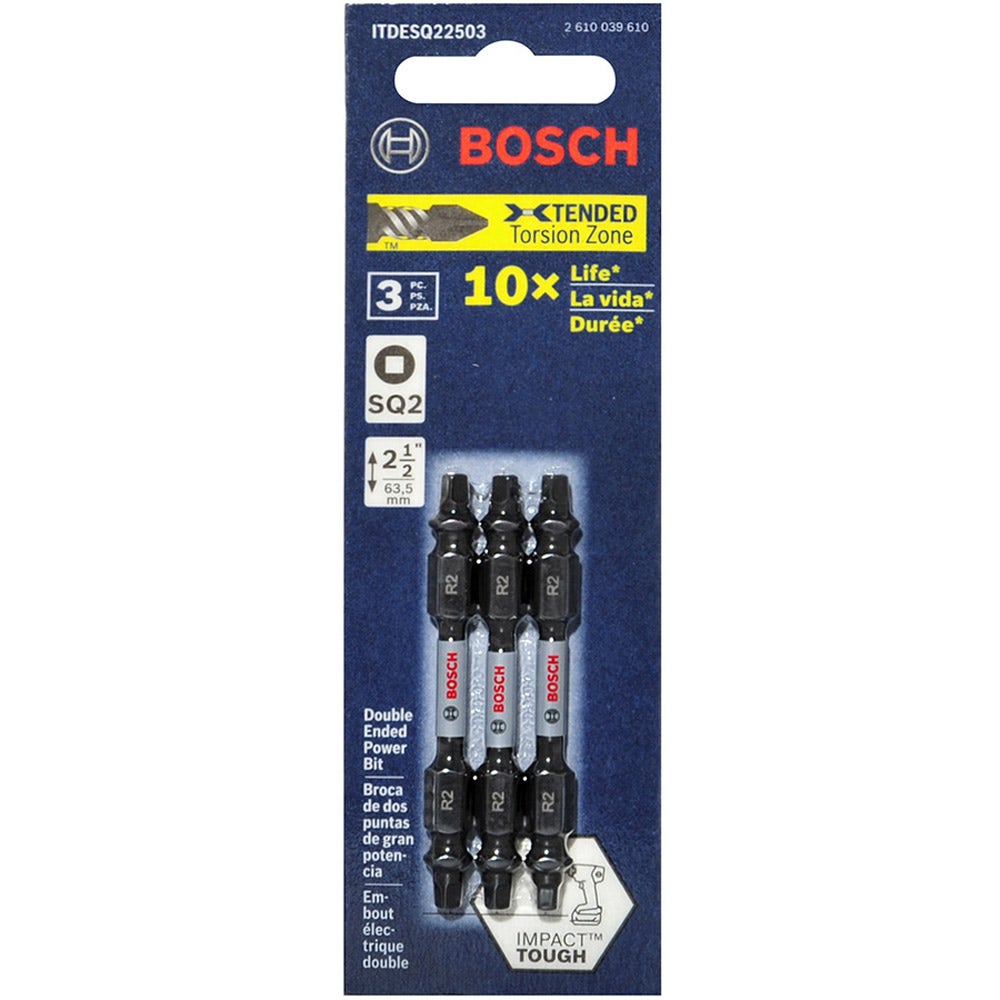 BOSCH R2 x 65mm Double-Ended Robertson/Square Power Screwdriver Bit - IMPACT TOUGH - 3 Piece