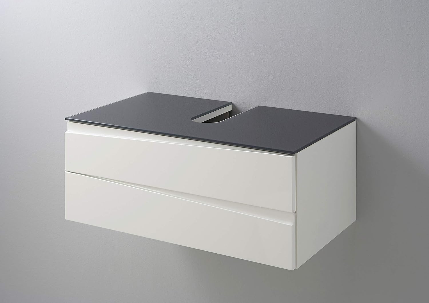 byLIVING Waschtisch Shape/Moderne Bad Kommode/Front Hochglanz Weiß / 2 Schubladen mit gefräster Griffeiste/Korpus Melamin weiß/Glasablage Grau/Schrank / 80 x 33 x 46 cm (BxHxT)