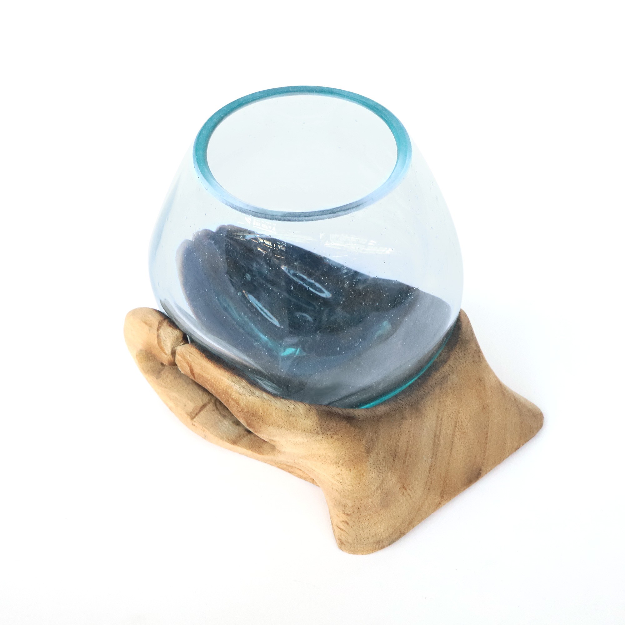 Glasvase auf Buddha-Hand, Suarholz, B 20 cm, T 13,5 cm, H  ca. 16 cm von fischer's lagerhaus