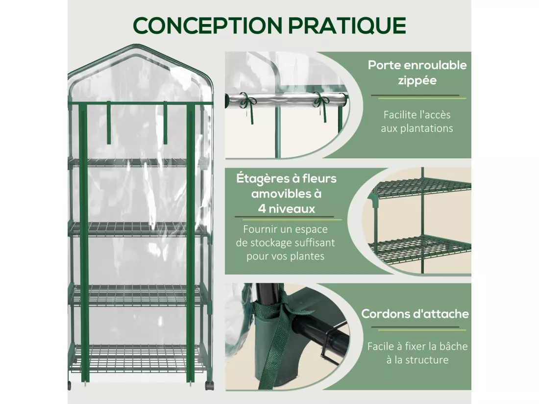 Serre de jardin balcon sur roulettes 4 étagères dim. 0,69L x 0,5l x 1,65H m acier thermolaqué bâche PVC porte zippée transparente
