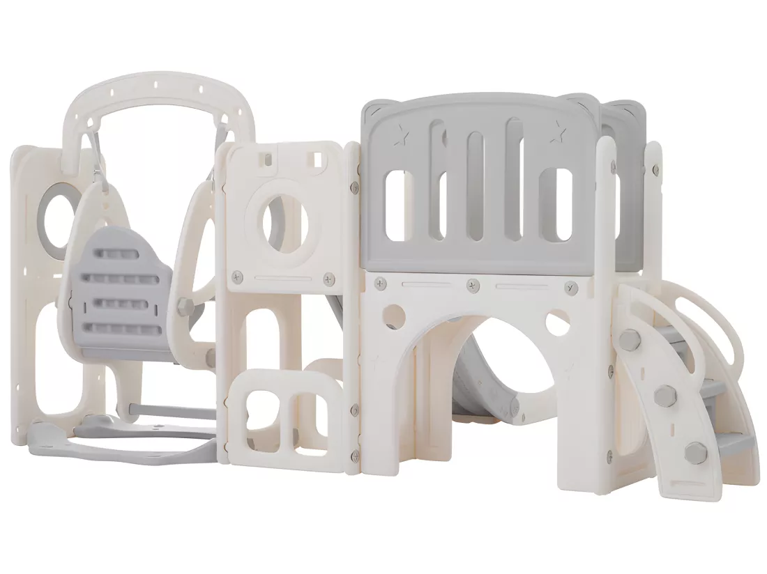 Toboggan pour enfants 7 en 1 - composé d'un toboggan, d'une balançoire, d'un panier de basket, d'un escalier, d'un tunnel, d'un passerelle et d'un rangement - Polyéthylène - Gris clair