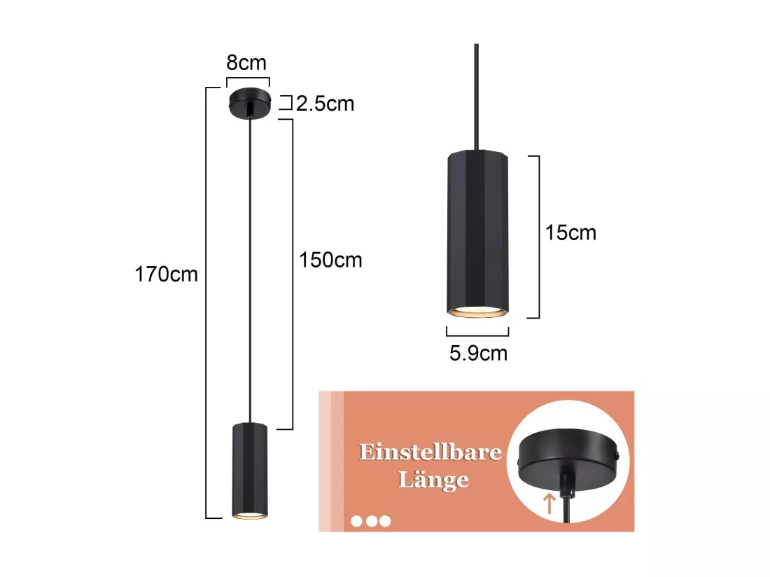 NETTLIFE Suspension métal noir diamètre 170 cm GU10 1 flamme salon moderne industriel pour salle à manger intérieur cuisine chambre