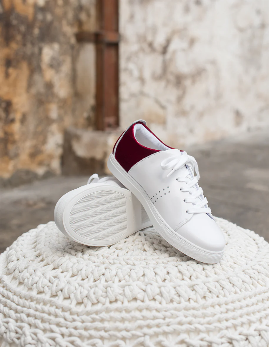 Baskets basses Renée - Cuir Blanc Velours Bordeaux VP